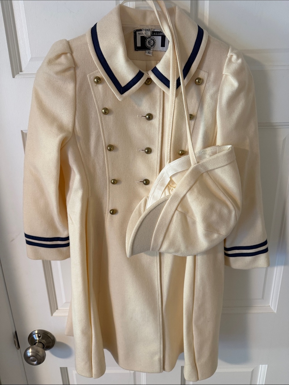VTG Young Gallery Cream Wool Dress Coat Matching Bonnet Royal Nautical Sailor 6